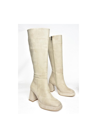 Fox Shoes R282230102 Bej Süet Kalın Topuklu Kadın Çizme Bej