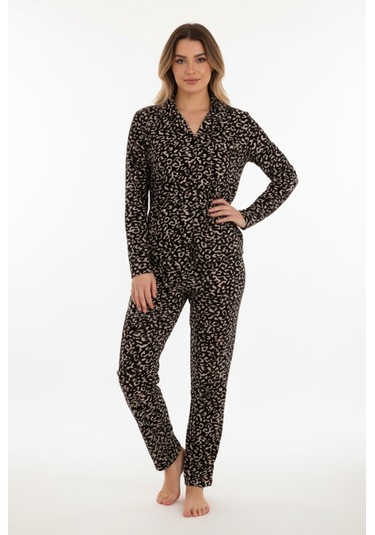 Luxury Soft Siyah Leopar Desenli Uzun Kollu Kadın Pijama Takımı 3058 Leopar2