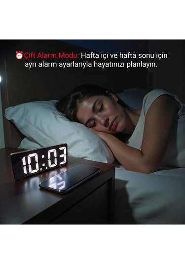 Upway Çift Alarmlı Dijital Masa Saati-aynalı Termometreli Tarihli Sese Duyarlı Beyaz Siyah - Beyaz
