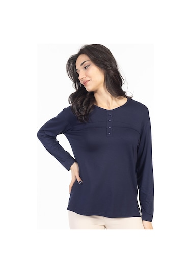 Yeni Sezon 2024 Sade Desen Yuvarlak Yaka Likralı Anne Penye Bluz 6484-lacivert Lacivert