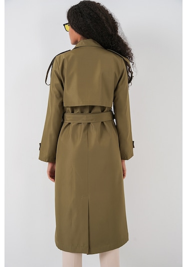 5941 Kruvaze Yaka Uzun Trençkot - Haki haki