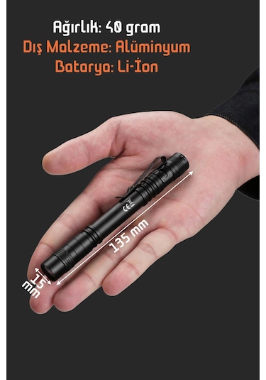 3 Mod Şarjlı Led Kalem Tipi El Feneri Zoomlu Flaşörlü Polis Feneri 5 Watt Beyaz Işık 300 Lümen Siyah