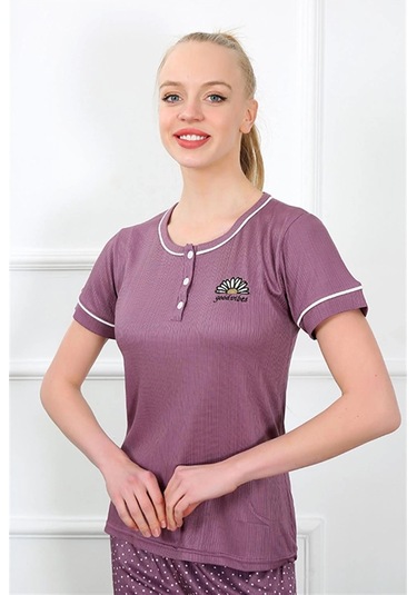 Giyim Kadın Mürdüm Kısa Kol Pijama Takım MÜRDÜM