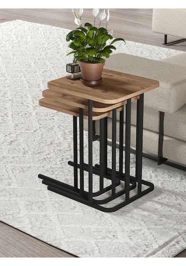 Zigon Sehpa Metal Ayak 3'lü Koltuk Yan Sehpa Zino Atlantik Çam Kahverengi