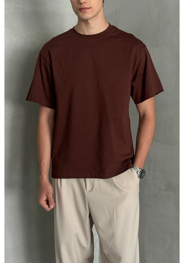 Hyman Erkek %100 Pamuk Oversize Basic T-shirt Koyu Kahve