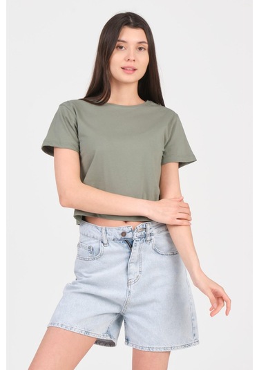As Collection Yeşil Bisiklet Yaka Kısa Kol Örme Kadın Crop Yeşil