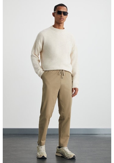 GRIMELANGE Reese Erkek Rahat Fit Beli Lastikli Dokuma Pamuk Elastan Kumaşlı Yıkamalı Bej Pantolon Bej