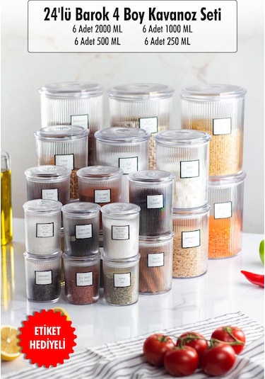 24'lü Barok Yuvarlak 4 Boy Kavanoz Seti & Saklama Kabı & Erzak Kabı 6 2000 Ml, 6 1000 Ml, 6 500 Ml, 6 250 Ml