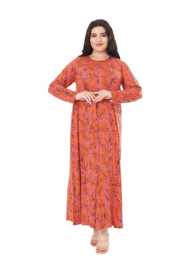 Melsay Butik Turuncu İnce Mercan Desen Uzun Kollu Kadın Elbise Turuncu