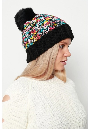 Ponpon Detay Renkli Örme Kadın Bere Rkş-21 Siyah Siyah