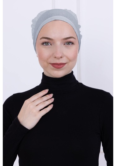 Fırfırlı Önden Dikişli Penye Bone - Kadın Tesettür Bağlamalı Topuz İç Bone-açık Gri Açık Gri