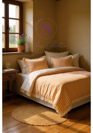 Turuncu-bej % 100 Pamuk Fırfır İplik Boyalı Çift Kişilik Nevresim Takımı,modern Çizgili Nevresım Set Karışık Turuncu