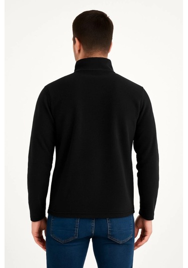 Erkek Polar Kazak Dik Yaka, Yarım Fermuarlı, Fermuarlı Göğüs Cepli, Siyah Biyeli, Kışlık Rahat Regular Fit Günlük Model - Siyah Siyah