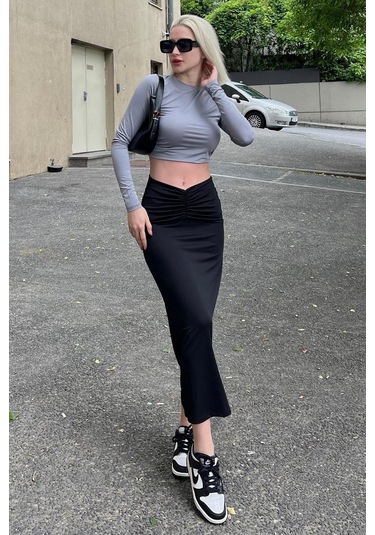 Madmext Siyah Önden Büzgülü Midi Etek Mg2084 Siyah