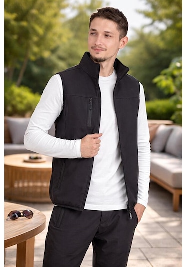 Vatan Tekstil Dik Yaka Slim Fit 3 Cepli Softshell Erkek Yelek Su İtici Kumaş Gri