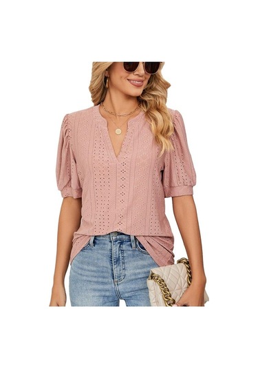 Yaz Katı Dantel Kadın Gömlek Zarif Içi Boş Puf Kısa Kollu Kazak Bluz Kadın Rahat V Yaka Gevşek Kadın Üstleri Blusas 24698 Açık Yeşil