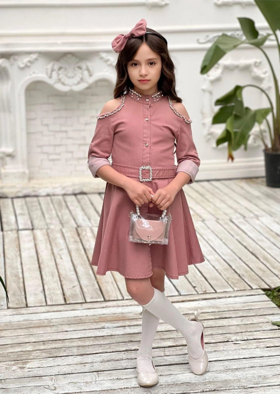 Çocuk Omuz Taşlı Püsküllü Kız Çocuk 5 Parça Kot Elbise Pudra