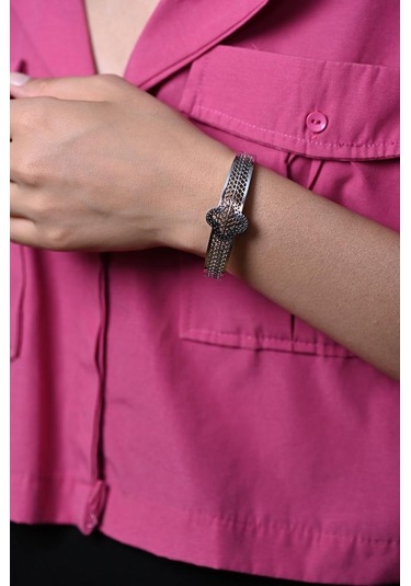 Tükkan Accessories Gümüş Desenli Kalın Kelepçe Çelik Bileklik-keztçbi41