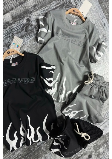 Yeni Sezon Alev Desenli Siyah Renk Erkek Çocuk Şortlu Takım Siyah