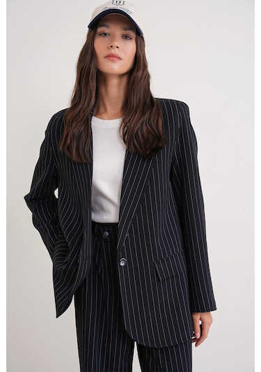 4753 Kadın Çizgili Oversize Blazer Ceket Lacivert Lacivert