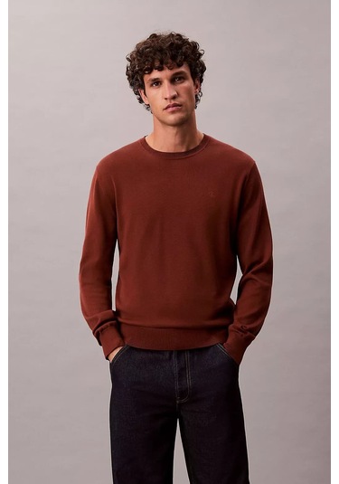 Calvin Klein Erkek Regular Kalıp Supima Pamuklu Triko Kazak - Kiremit Cherry Mahogany
