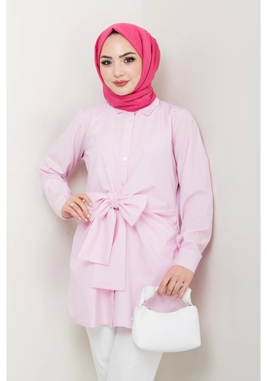 Çizgili Poplin Bağlamalı Gömlek - Pudra / Ü103 Pudra