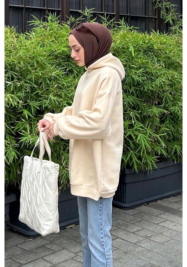 Kapüşonlu Salaş Sweatshirt Krem