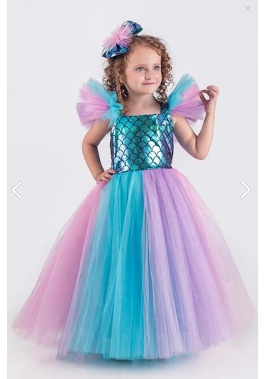Kız Çocuk Deniz Kızı Abiye Kostüm Uzun Tül Elbise 3705 Mavi