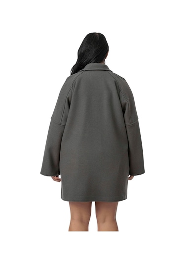 Büyük Beden Gömlek Yaka Reglan Kollu Torba Cepli Astarsız Kaşe Kısa Gri Kaban Gri