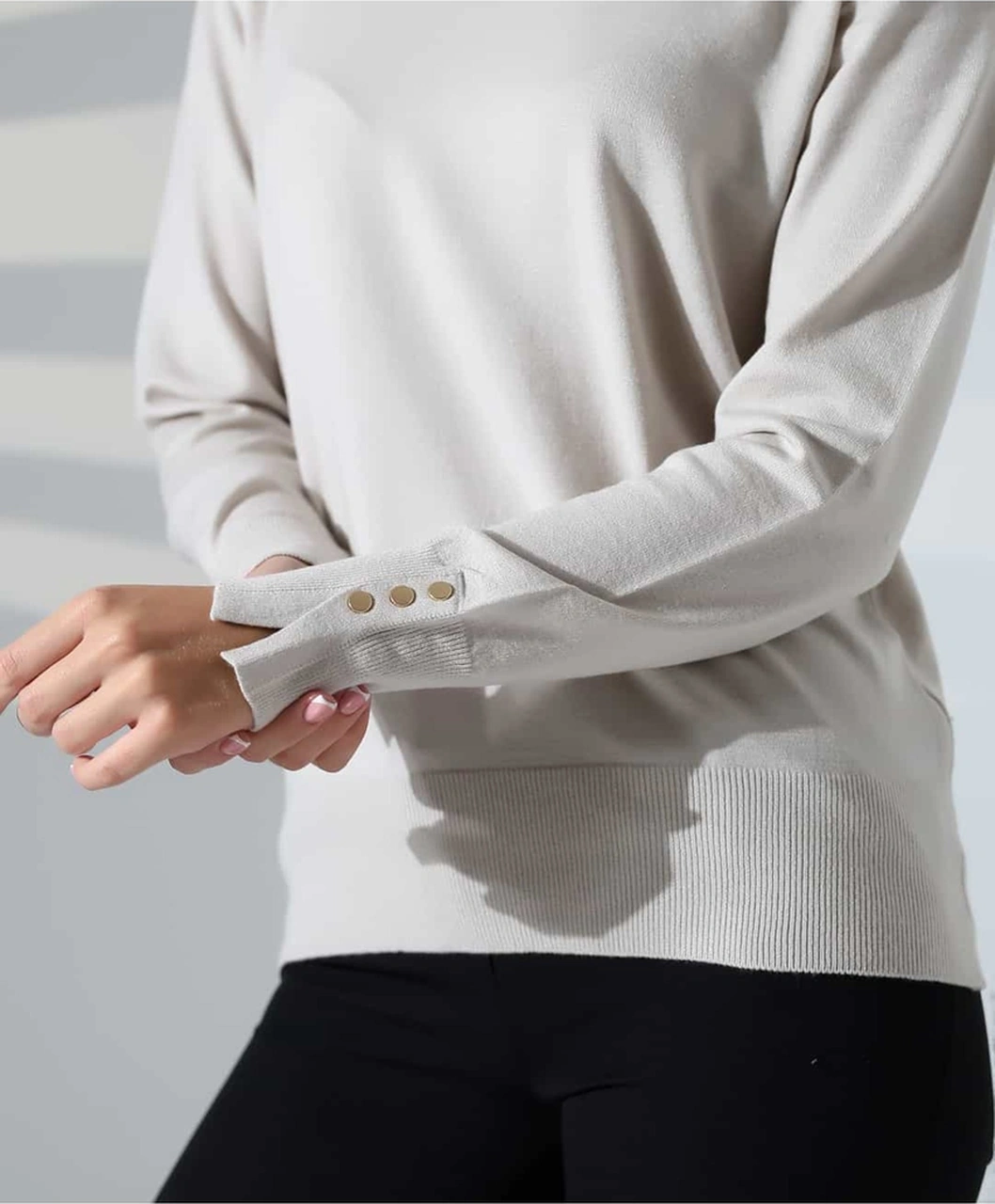 Gündelik Şıklık Kol Düğme Detay Triko Kazak Bej