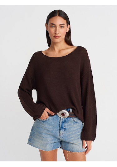 Dilvin 10706 Oval Yaka Yumuşak Dokulu Triko Kazak-koyu Kahve Koyu Kahve