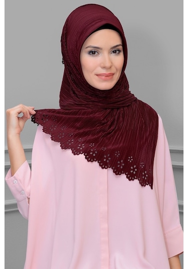 Bordo Pratik Hazır Geçmeli Tesettür Eşarp Fukuro Piliseli Çiçek D (545491367) Bordo