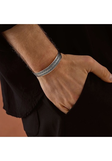 925 Ayar Gümüş İşlemeli Örgü Model Unısex Kelepçe Bileklik Gümüş