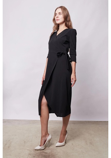 Kadın Likralı Krep Kumaş Kruvaze Capri Truvakar Kol Diz Altı Elbise-siyah Siyah