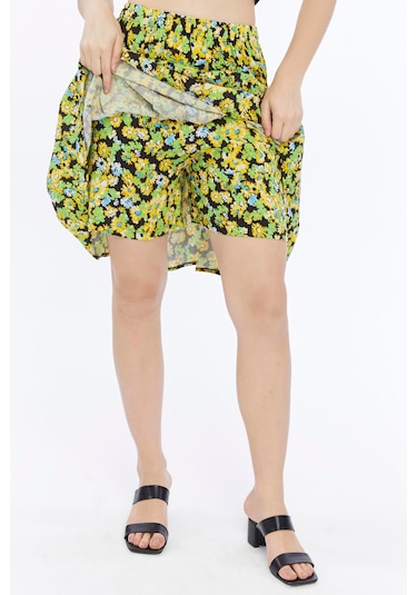 Leila Viskon Kumaş Sarı Çiçekli Midi Boy Şort Etek Sarı