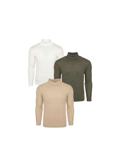 Ribac 3'lü Paket Erkek Boğazlı Balıkçı Triko Kazak Beyaz-haki-bej Çok Renkli