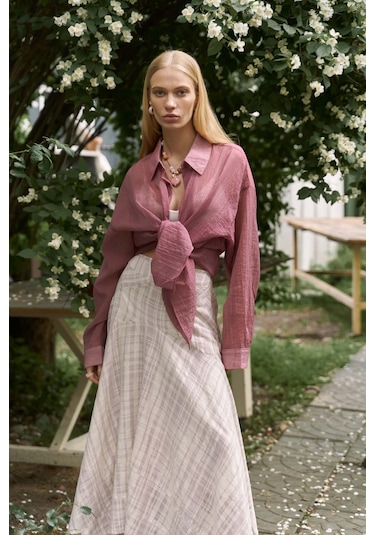 Lila Peigi Çizgili Parçalı Midi Etek Lila