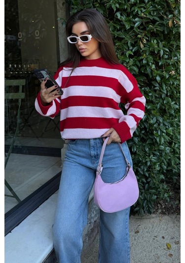 Pudra Bisiklet Yaka Çizgili Oversize Triko Kazak Mg1972 Pudra