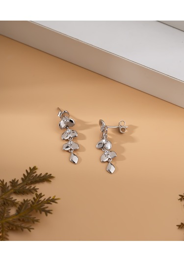 925 Ayar Zirkon Taşlı Rodyum Zeytin Dalı Hareketli Çivili Gümüş Küpe Re10220