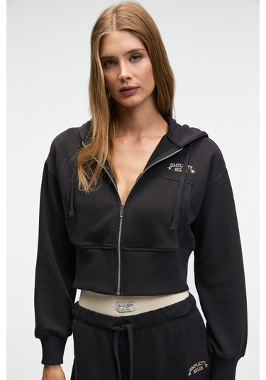 Grımelange Elara Kadın Metal Fermuarlı Nakışlı Kapüşonlu Crop Antrasit Sweatshirt Antrasit