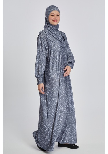 Pratik Tek Parça Çiçek Desenli Namaz Elbisesi Füme