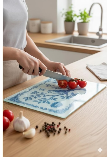 Cam Kesme Tahtası Sofra & Mutfak Kesme Tahtası Sunum Tahtası Cam Doğrama Tahtası Sunumluk Beyaz - Mavi