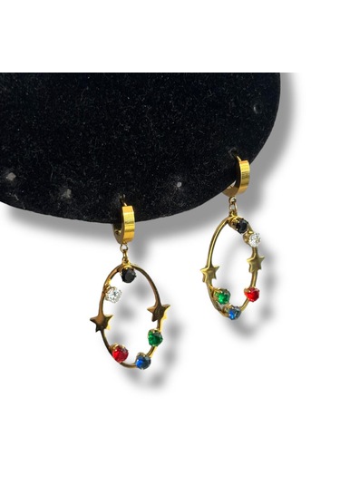 Kırmızı Sanat Evi Karışık Renkli Sallantılı Yıldızlı Çelik Küpe