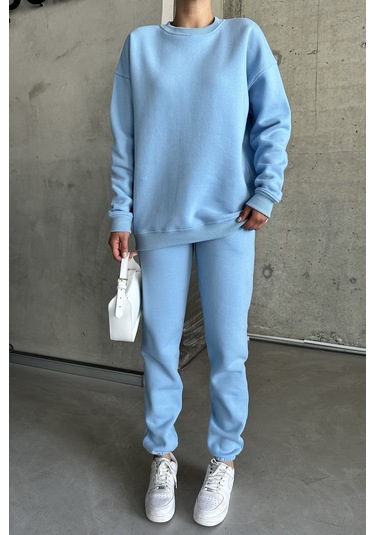 Modagen Unisex Bebe Mavi Bisiklet Yaka Düz Oversize Alt-üst Eşofman Takımı Bebe Mavi