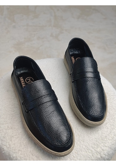 Muggo Harnaz Bağcıksız Hakiki Deri Erkek Günlük Casual Ayakkabı Siyah