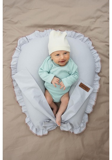 Mordesign Fırfırlı Emzirme Yastığı, Bebek Destek Minderi, Hamile Yastığı, Pamuk Kumaş, Ruffle Seri, Gri Zg10198