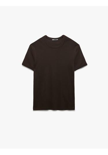 Koton Kısa Kollu Bisiklet Yaka Pamuklu Basic Dar Kalıp Tişört Kahverengi 6wam10086hk Kahve