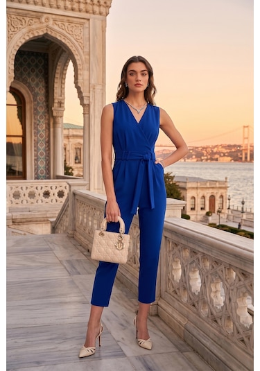 Lela Slim Fit Düz Paça Kruvaze Yaka Kemerli Bayan Tulum 6783626 Saks