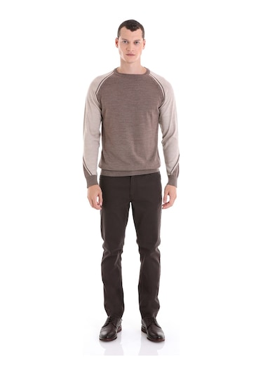 Hatemoğlu Vizon Regular Fit Bisiklet Yaka Jakarlı Yünlü Triko Kazak Vizon