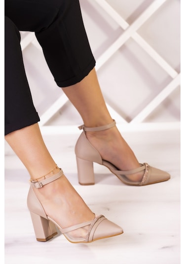 Molly Ten Saten Taşlı Fileli Kalın Topuklu Ayakkabı